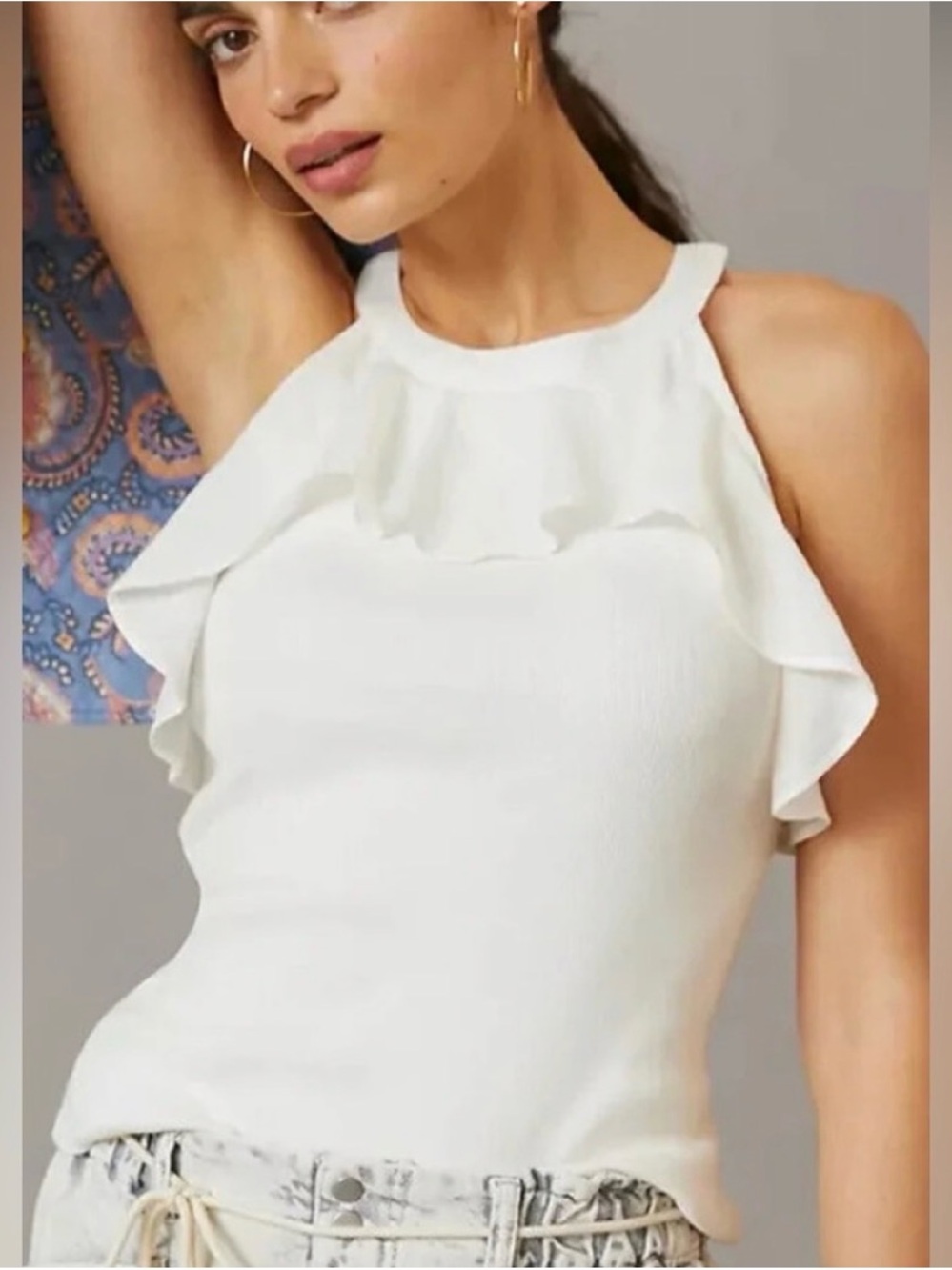 Anthropologie White Ruffle Halter Tank Top
